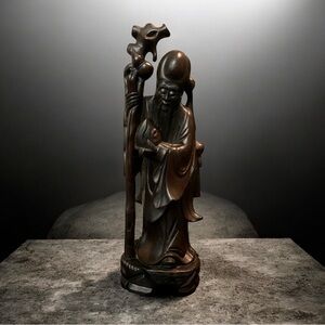 Vintage Mahogany hand-carved wooden statue of Shou Lao, god of longevity.